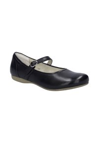 Chaussure Mary Jane en cuir noir avec un bout arrondi, une sangle unique sur le coup de pied et une semelle basse et texturée. Taille marquée comme 37.