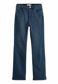 Dark blue denim jeans with straight cut, featuring a classic five-pocket design, metal button closure, and subtle stitching details.