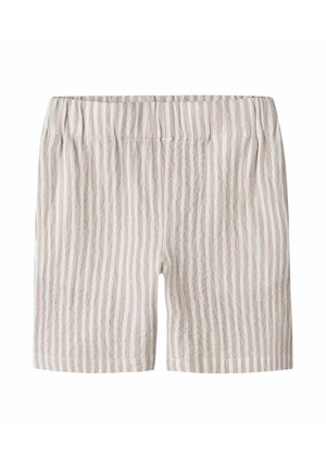 Beżowe i białe spodenki teksturowane w pionowe paski z elastycznym pasem i długością do połowy uda.