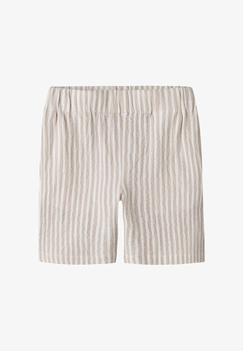 Shorts en tissu texturé à rayures verticales beige et blanches, avec une taille élastique et une longueur mi-cuisse.