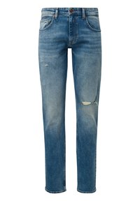 Lichtblauwe denim jeans met een rechte pijp, met een vervaagd uiterlijk en twee versleten plekken aan de voorkant. Klassiek vijf-pocketdesign.