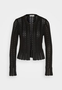 Cardigan noir ouvert en maille, avec des manches longues et des motifs verticaux en dentelle complexes, un col arrondi et un ourlet légèrement évasé.