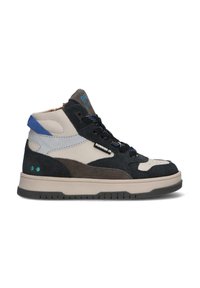 Hoge sneakers met een mix van donkerblauw, grijs, beige en lichtblauwe suede en leer. Inclusief zwarte veters en een rubberen buitenzool.