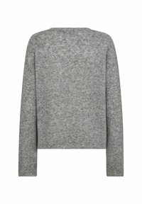 Maglione grigio a maglia con maniche lunghe, scollatura rotonda e vestibilità comoda. Finitura testurizzata con leggere variazioni di tonalità. Vista posteriore.