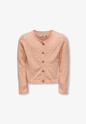 Lichtroze gebreide cardigan gemaakt van textuurstof, met een ronde halslijn, lange mouwen en een sluiting met drie knopen aan de voorkant.