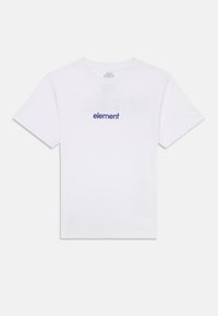White cotton t-shirt with short sleeves, featuring a small blue "element" logo stitched on the chest. Classic crew neck design.