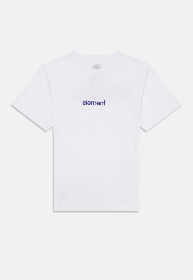 Weißes Baumwoll-T-Shirt mit kurzen Ärmeln, mit einem kleinen blauen „Element“-Logo, das auf der Brust gestickt ist. Klassisches Rundhalsausschnitt-Design.