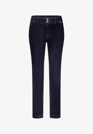 Marineblå corduroy bukser med lige ben, der har en talje med to knapper og en subtil lodret ribbet tekstur.