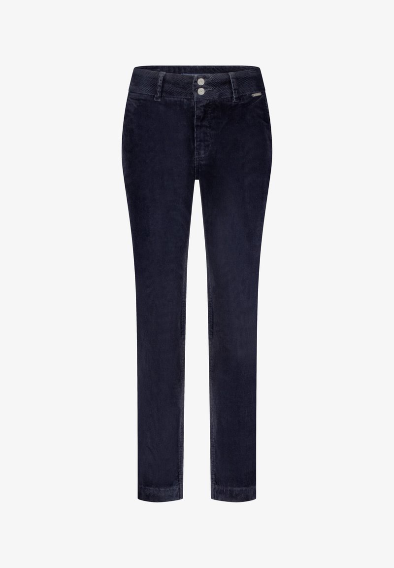 Marineblå corduroy bukser med lige ben, der har en talje med to knapper og en subtil lodret ribbet tekstur.