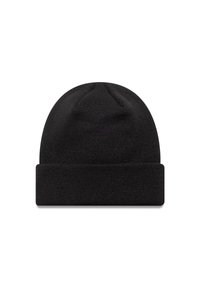 Berretto in maglia nera con risvolto, caratterizzato da una texture liscia e un design a cupola semplice e arrotondata.