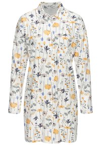 Skjorta med blommigt mönster som har en vit bakgrund med gula, blå och svarta blommor. Långa ärmar, knäppning framtill och fickdetalj.