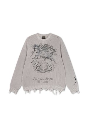Ed Hardy, MENS DISTRESSED LOS ANGELES KNITTED RELAXED CREW JUMPER - Trui - grey