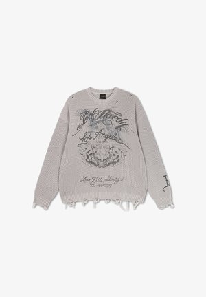 Ed Hardy, MENS DISTRESSED LOS ANGELES KNITTED RELAXED CREW JUMPER - Maglione - grey