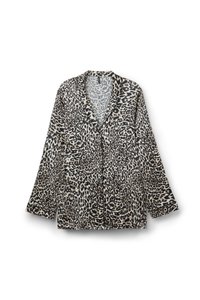Blouse à motifs léopard en tissu doux, avec un col cranté, des manches longues et une coupe décontractée agrémentée de détails de boutons.
