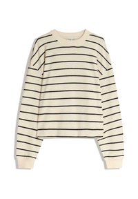 Krém színű pulóver fekete vízszintes csíkokkal, lekerekített nyakkivágással, hosszú ujjal és bordázott mandzsettával. Puha textúrájú, rövidített fazonú.