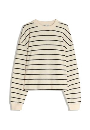 Krémový sveter s čiernymi horizontálnymi pruhmi, zaobleným výstrihom, dlhými rukávmi a rebrovanými manžetami. Mäkká textúra s krátkym strihom.