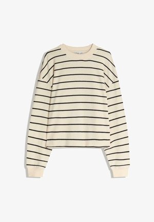 Cremefarbener Pullover mit schwarzen horizontalen Streifen, rundem Ausschnitt, langen Ärmeln und gerippten Bündchen. Weiche Textur mit einem kurzen Schnitt.