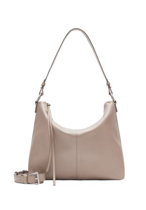 Beige leather shoulder bag with a curved silhouette, adjustable strap, and zipper detail. Smooth texture with subtle branding on the front.