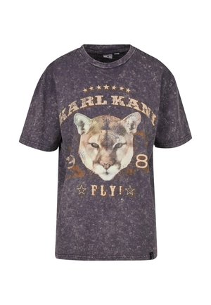 Šedé bavlnené tričko s veľkým potlačeným grafickým motivom leva, textom "KARL KANI" a vyblednutými detailmi, s uvoľneným strihom.