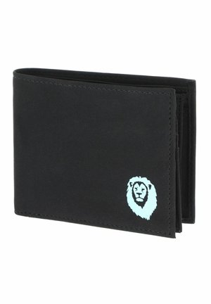 Black bifold wallet with a small light blue lion head logo in the bottom right corner.
