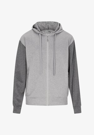 Szürke cipzáros kapucnis felső, világosszürke testtel és sötétszürke ujjakkal, kapucnival, húzózsinórral és oldalsó zsebekkel. Puha szövet textúra.