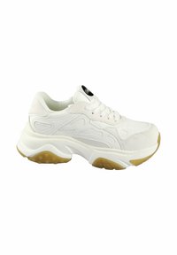 White sneaker with mesh and synthetic upper, textured detailing, round toe, and cream rubber sole. Features laces and a logo on the tongue.