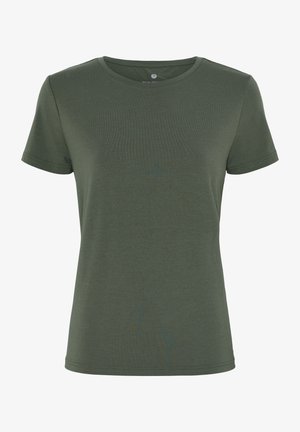 Green short-sleeve t-shirt made of soft cotton fabric. Features a round neck and a plain, smooth texture with no visible patterns or accents.