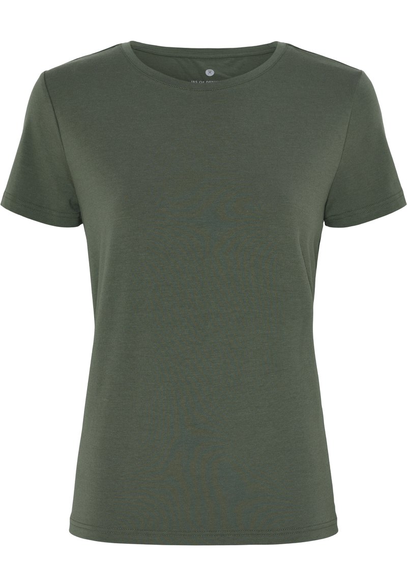 Green short-sleeve t-shirt made of soft cotton fabric. Features a round neck and a plain, smooth texture with no visible patterns or accents.