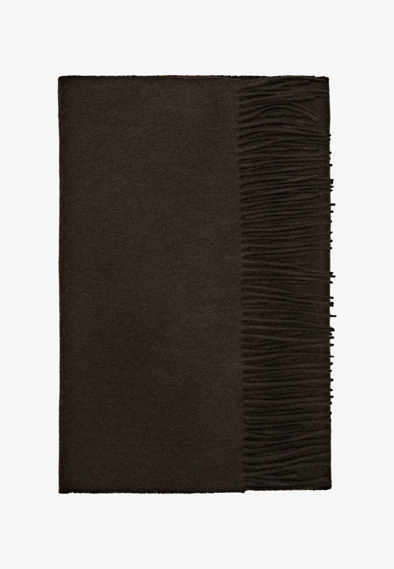 Couverture brun foncé à texture lisse et bords frangés ; forme rectangulaire, matériau doux, design minimaliste.