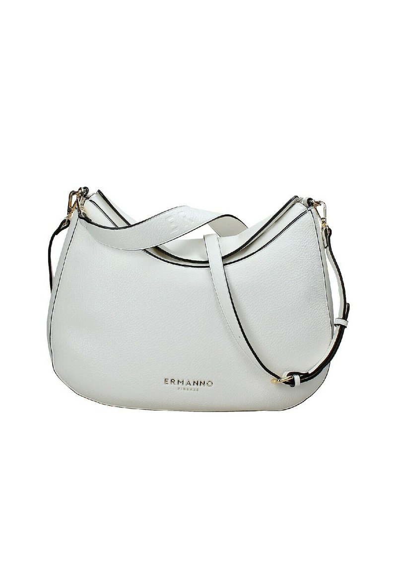Borsa a mano in pelle bianca con un design curvo, con rifiniture nere, manico superiore e tracolla rimovibile. Dettaglio logo dorato sulla parte anteriore.