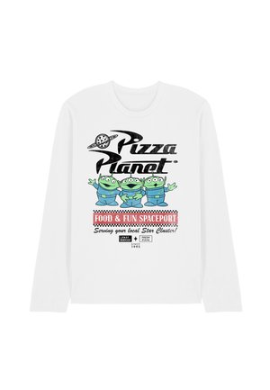 White long-sleeve shirt with Pizza Planet logo, three green aliens in blue suits, and text promoting a space-themed food and fun venue.