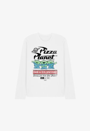White long-sleeve shirt with Pizza Planet logo, three green aliens in blue suits, and text promoting a space-themed food and fun venue.