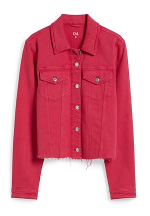 Rød denimjakke med lange ærmer, knaplukning foran, to brystlommer og rådet kant.