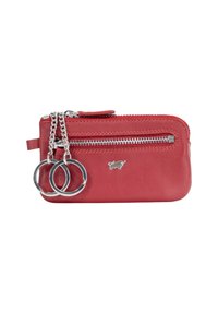 Portafoglio rosso in pelle con finitura testurizzata, dotato di una cerniera argento, catena e due anelli metallici attaccati. Forma compatta e rettangolare.