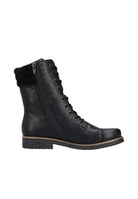 Czarne skórzane botki na sznurówki z zamkiem błyskawicznym, sztucznym futerkiem przy kołnierzu, okrągłym noskiem i teksturowaną podeszwą, z widocznymi detalami przeszycia po bokach.