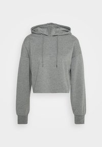 Gray cropped hoodie with a drawstring hood, long sleeves, and ribbed cuffs. Soft texture and simple design without patterns or accents.