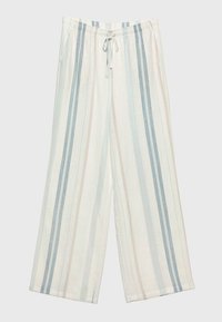 Pantalons larges en tissu léger avec des rayures verticales en bleu clair, rose et crème. Taille élastique avec cordon de serrage ajustable.