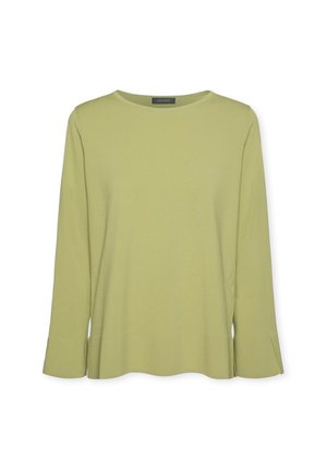 Hellgrüner Langarmshirt aus weichem, strukturiertem Stoff. Verfügt über einen Rundhalsausschnitt und seitliche Schlitze am Saum für eine lockere Passform.