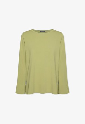 Hellgrüner Langarmshirt aus weichem, strukturiertem Stoff. Verfügt über einen Rundhalsausschnitt und seitliche Schlitze am Saum für eine lockere Passform.
