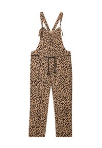 Tijgerprint salopette in tan stof met zwarte vlekken. Voorzien van verstelbare banden en een trekkoord in de taille. Recht model.