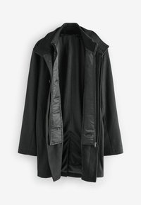 Zwarte jas met een wollen buitenkant en satijnen voering, voorzien van een kraag, een ritssluiting aan de voorkant en zijzakken voor praktisch gebruik.