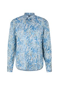 Langarmshirt van lichtblauwe stof met een tropisch bladerenpatroon in wit en groen. Button-down kraag en een rechte zoom.