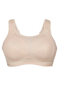 Reggiseno sportivo beige con design in rete traspirante, spalline larghe e coppe strutturate per supporto. Texture liscia con cuciture rinforzate.