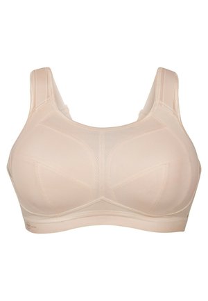 Soutien-gorge de sport beige avec un design en maille respirante, des bretelles larges et des bonnets structurés pour le maintien. Texture lisse avec des coutures renforcées.