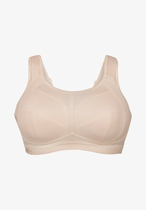 Beige sportbeha met een ademend meshontwerp, brede banden en gestructureerde cups voor ondersteuning. Glad textuur met versterkte naden.