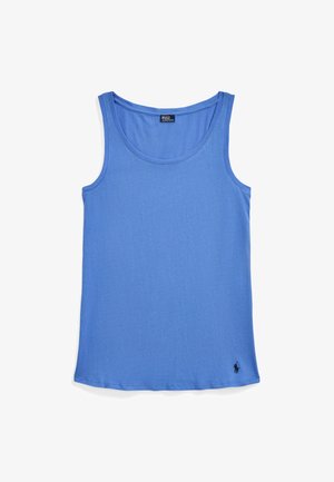 Blauw mouwloos dames tanktop met ronde hals en klein zwart logo bij de zoom aan de onderkant.