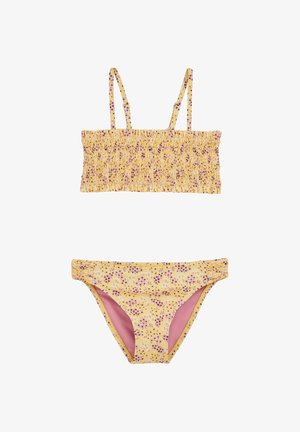 Costum de baie din două piese, galben, cu modele florale mov, top plisat cu bretele ajustabile și chiloți coordonați cu laterale plisate.