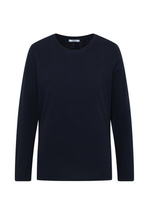 Long-sleeve navy shirt made from soft fabric, featuring a round neckline and a classic fit. Minimalistic design with no visible patterns or accents.