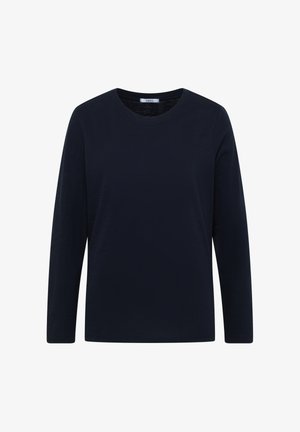 Long-sleeve navy shirt made from soft fabric, featuring a round neckline and a classic fit. Minimalistic design with no visible patterns or accents.