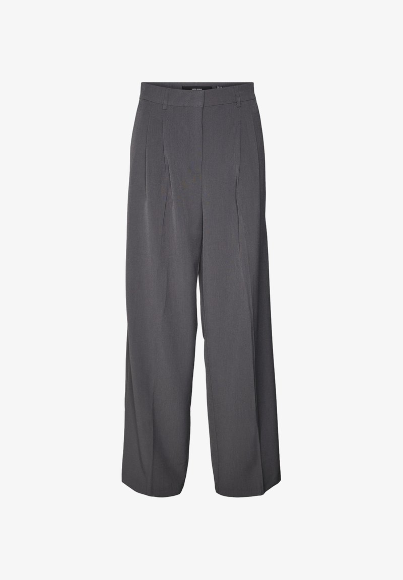 Pantalon gris à jambes larges avec plis sur le devant, passants de ceinture et taille haute, présenté sur un fond blanc.